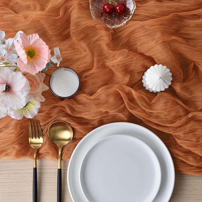 Joanlody Terracotta Cheesecloth Table Runner Spring Easter 10Ft Rustic Gauze Boho Cheese Cloth Table Runner for Wedding Bridal Baby Shower Decoration 6 Pack