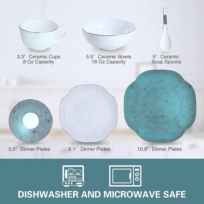 24 Piece Porcelain Dinnerware,Bone china Set for 4, Plates and Bowls Sets With exquisite Handmade Green Floral,Highly Chip and Crack Resistant | Oven & Dishwasher (Green + Floral)