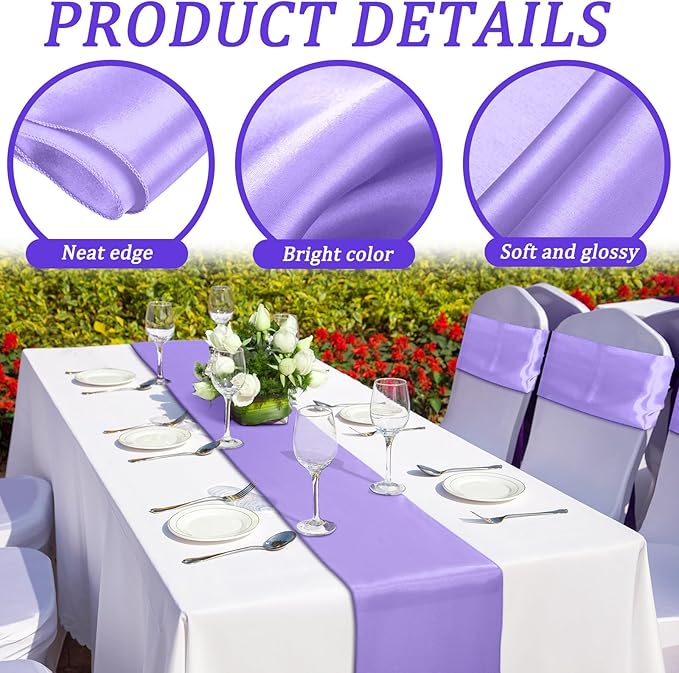 Bencailor 24 Pcs Light Purple Satin Table Runner Bulk 12 x 108 Inches Long Table Runners Bright Smooth Fabric Tablecloth for Wedding Banquet Birthday Valentines St Patrick's Day Party Decorations