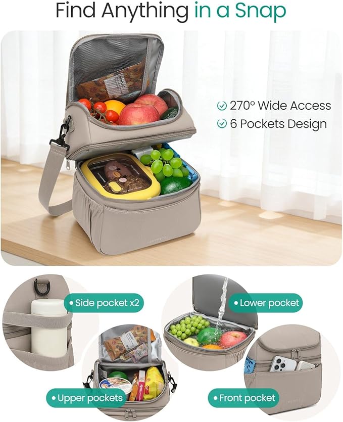 Leadvenst Lunch Bag Women Men, Double Deck Insulated Lunch Box, Large Capacity 12L with Detachable Divider for Tall Item, Leakproof, Durable & Reusable Cooler Bag For Work Picnic Travel, Quilted Khaki