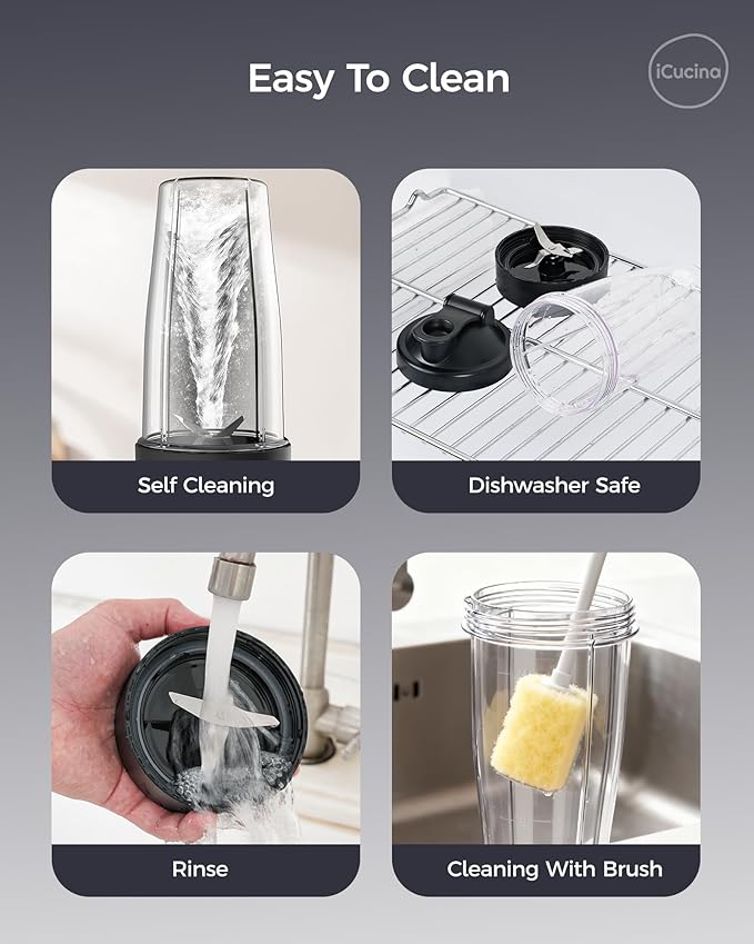 iCucina Smoothie Blender, Personal Blender for Shakes and Smoothies, 700W Pulse Technology Single Serve Blenders with 2 x 28oz Protable Cups for Ice Crush, Frozen Fruit Drinks