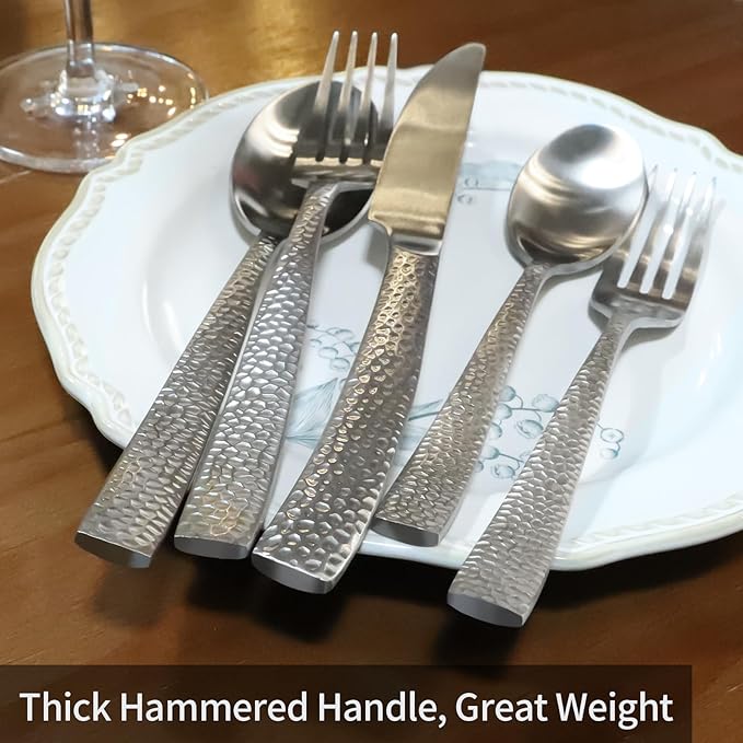 Matte Silver Hammered Flatware Set Stainless Steel Silverware Set 20 Pieces Cutlery Set Service for 4