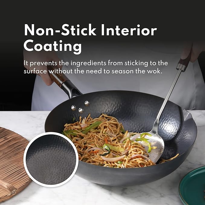 New Star Foodservice 1029154 Hand Hammered Carbon Steel, Non-Stick Wok Carbon Steel, Includes 12.7" Round Bottom, Wooden Lid, and Spatula (Hand Wash Recommended)