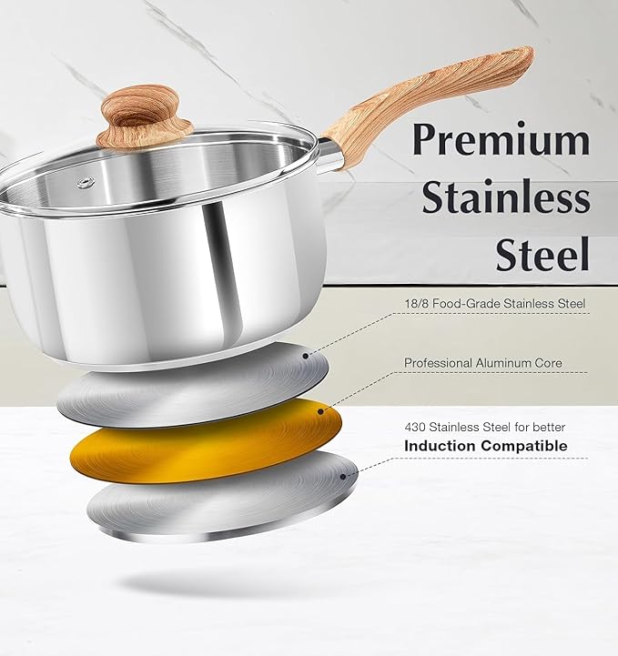 KOCH SYSTEME CS Stainless Steel Saucepan Set with Steamer, 18/10 Stainless Steel Pots 1QT& 2QT & 3QT, Sauce Pan Set with Cool-Touch Handles, Tri-Ply Steel Base, Induction Compatible Pots