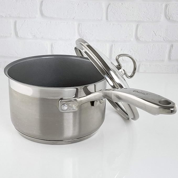 Chantal Induction 21 Steel 2 qt Non Stick Saucepan with Tempered Glass Lid, Ceramic Non Stick, Brushed Stainless Steel