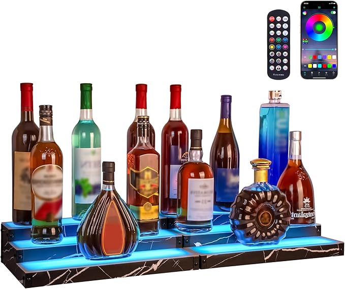 Lighted Liquor Bottle Display Shelf 2-Pack, RGB 3-Tier Bar Shelf with Music Sync, Black Marble-Look Finish on Wood, Remote & App Control, USB Powered for Home Bar & Party