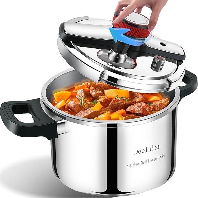 304 Stainless Steel Pressure Cooker 6 Quart Explosion-Proof Lock, One Hand Operation, Fast Cooking, Dishwasher Safe & Induction Compatible, Family Size Cookware PETERBOO