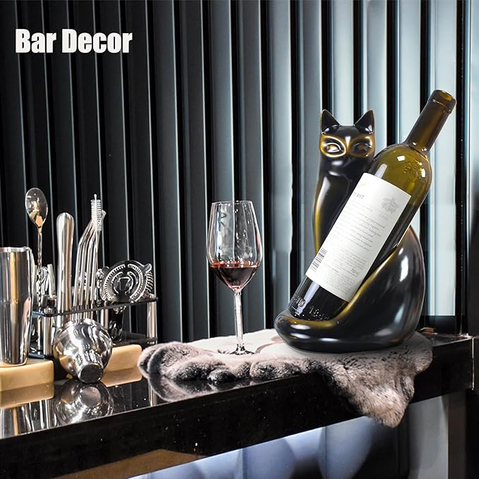 Cat Wine Bottle Holder Decorative, Tabletop Wine Racks Countertop, Cat Decor Wine Stand Gifts for Wine Lovers Women, Water Bottle Organizer for Cabinet, Black Wine Rack