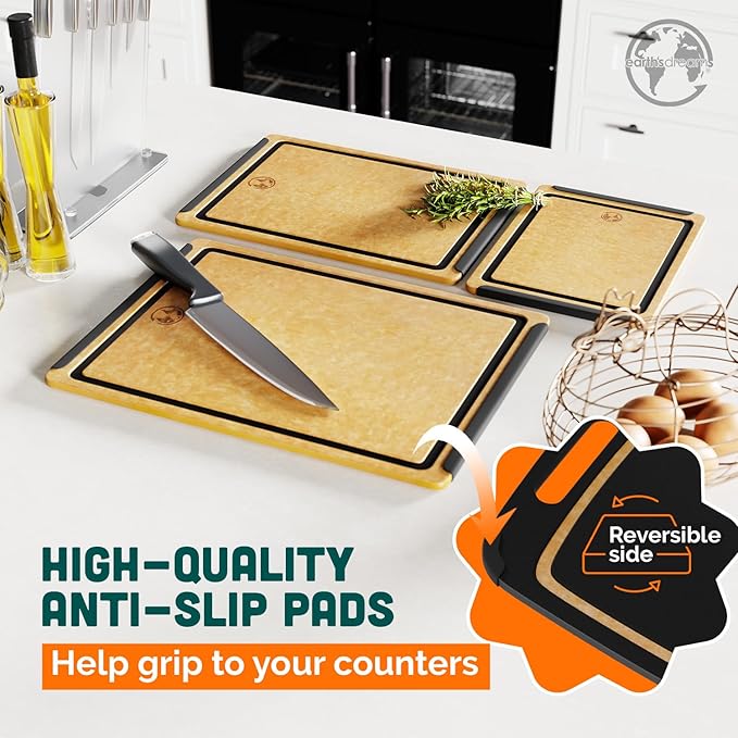 Earth?셲 Dreams Wood Cutting Board Set 3-Piece: Small, Large & Extra Large - Charcuterie Board, Non-Plastic, Non-Toxic, Heavy-Duty, Dishwasher Safe (Tan/Black)
