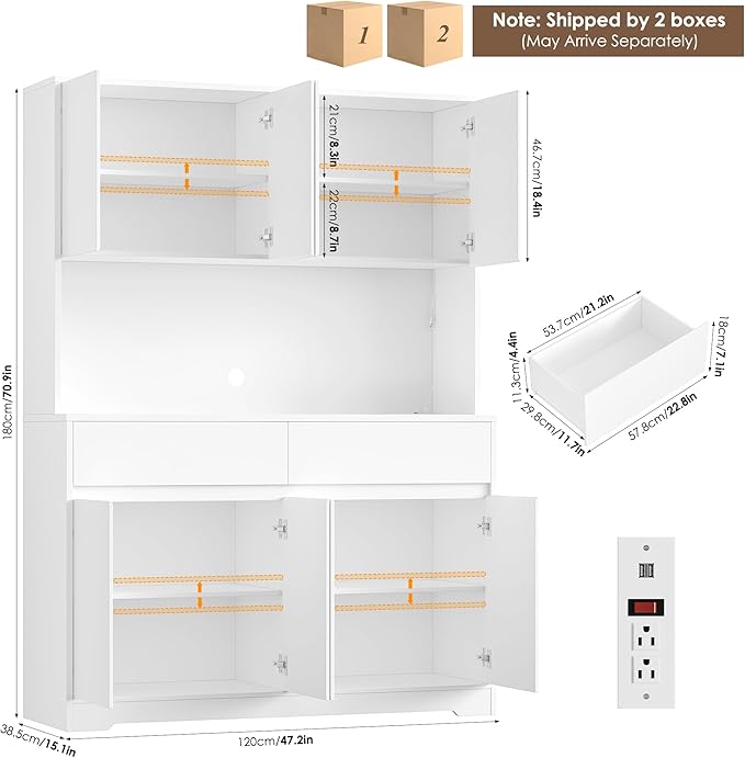 FINETONES 71" Tall Pantry Cabinet with LED Lights and Charging Station, 47.2" Wide Kitchen Pantry Storage Cabinet Kitchen Hutch with Microwave Stand, Tall Storage Cabinet for Living Room, White