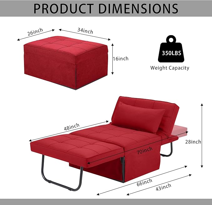 BIGSYY Sofa Bed, 4 in 1 Multi-Function Folding Ottoman Breathable Linen Couch Bed with Adjustable Backrest Modern Convertible Chair for Living Room Apartment Office, Red