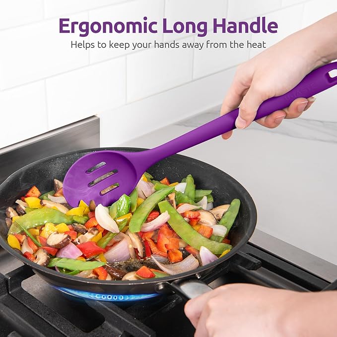 600쨘F Heat Resistant Slotted Spoon: U-Taste 13.3in Solid Kitchen Cooking Spoon, Nonstick Food Grade Large & Long Rubber Utensil for Mixing, Serving, Stirring, Basting, Frying, Draining (Purple)