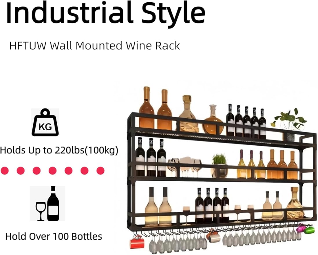 39 Inch 3-Tier Wall Mounted Wine Rack with LED Light, Stylish Wall Bar Shelves for Liquor Bottles & Hanging Glasses, Bar Shelves Wall Mounted for Kitchen, Dining Room & Home Bar, Gold