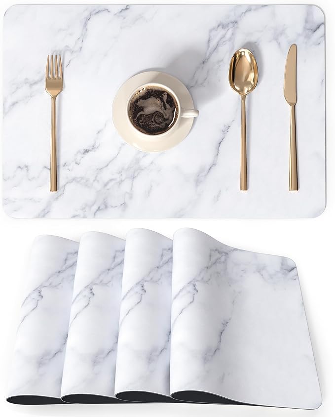 QIYI Placemats Set of 4, 12x18 Inch Faux Leather Place Mats for Kitchen Dinning, Heat Resistant Anti Slip Table Mats, Waterproof Wipeable Washable Placemat Party Table D챕cor, White Marble
