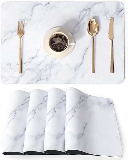 QIYI Placemats Set of 4, 12x18 Inch Faux Leather Place Mats for Kitchen Dinning, Heat Resistant Anti Slip Table Mats, Waterproof Wipeable Washable Placemat Party Table D챕cor, White Marble