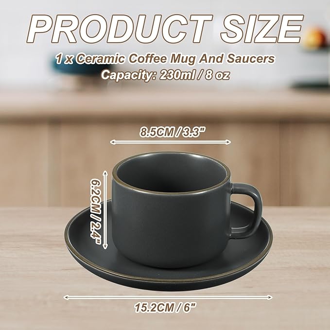 uxcell Handmade Vintage Espresso Cups, 8 oz Coffee Cups and Saucers Ceramic Tea Cup with Handle Dishwasher and Microwave Safe for Latte Cappuccino Milk Office Home Gifts, Pure Gray Blue