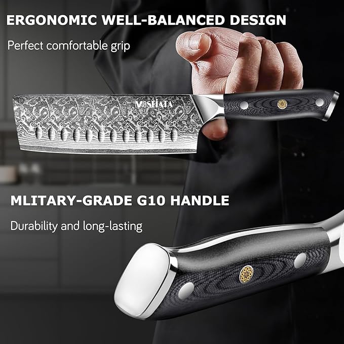MOSFiATA 7'Nakiri Knife Damascus Professional Sharpe Chef Knife竊?Kitchen Knifed Damascus Steel VG-10 Blade with Ergonomic Handle Sharpener