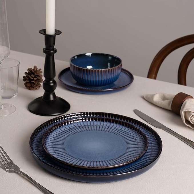 Famiware Starlight Plates and Bowls Dishes Set of 8 (24 Pieces), Ribbed Textured Stoneware Dinnerware Sets- Dishwasher & Microwave Safe, Chip & Scratch Resistant, Starry Blue
