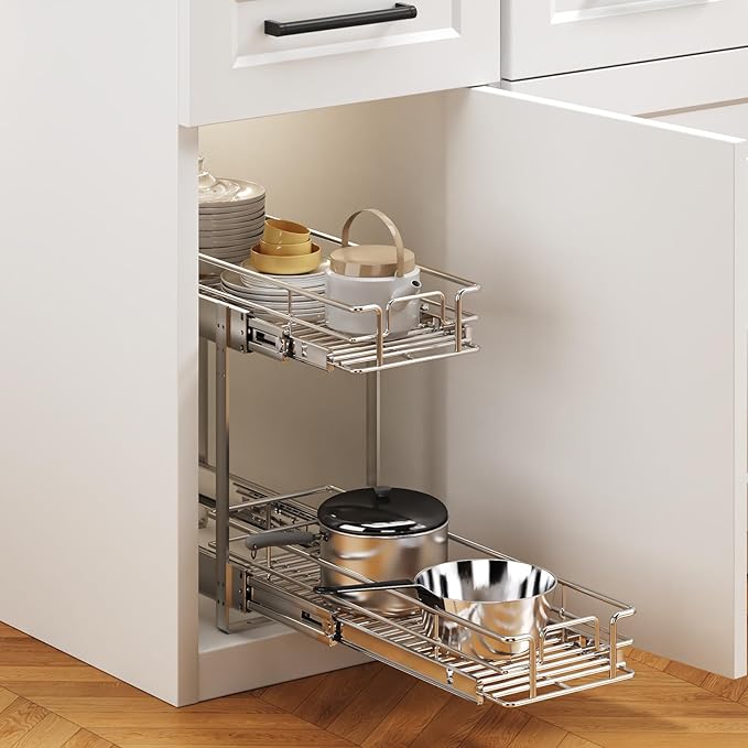 2 Tier Individual Pull Out Cabinet Organizer 7쩍" W x 21쩍" D, Heavy Duty Cabinet Pull Out Shelves, Slide Out Drawers Organization for Kitchen Cabinets Bathroom