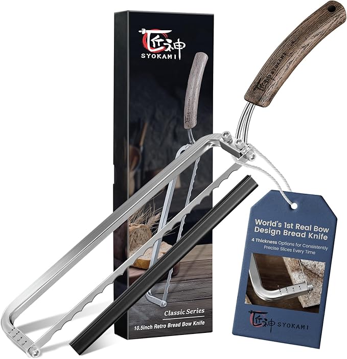 2025 Upgrade Bread Knife for Homemade Bread, World's 1st Real Bow-Design Sourdough Bread Slicer, Razor-Sharp Cutter for Crusty Sourdough & Baguette, 4 Thickness Scale Marks, Christmas gift