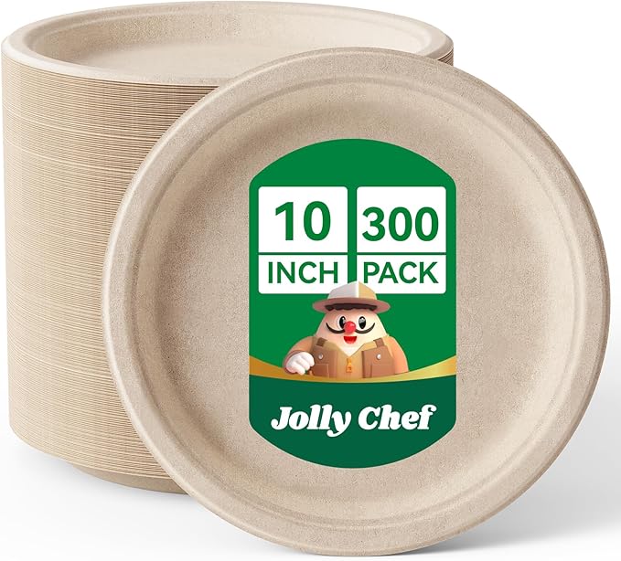 JOLLY CHEF Compostable Heavy Duty Plates ?윮?윭 ?뿙?뿻?뿰?뿵 [?윲?윭?윭 ?뿣?뿮?뿰?뿸] Eco-Friendly Disposable Paper Plates Made of Bagasse Biodegradable Bulk for Party Dinner Sugarcane Thanksgiving Day (Natural)