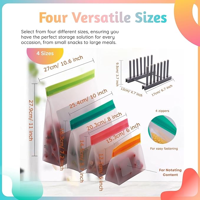 Reusable Food Storage Bags ??10-Pack Stand-Up, BPA-Free, Freezer, Dishwasher Safe & Eco-Friendly ??5 Gl, 5 L Bags ??Airtight Leakproof Ziplock Bags for Kitchen Storage (Multicolor)