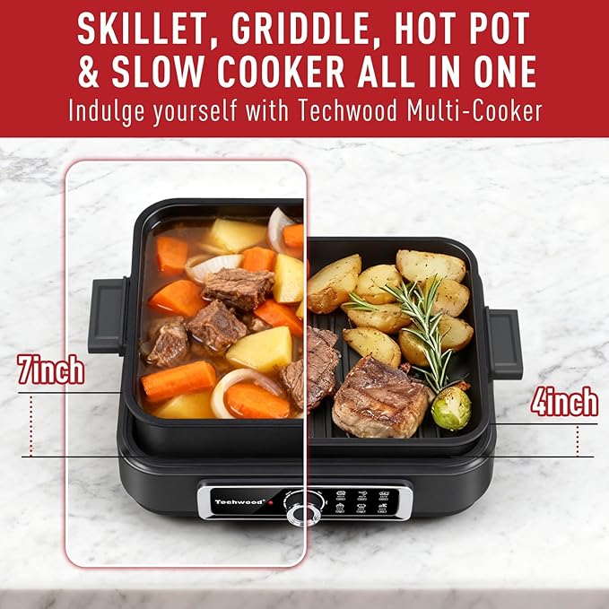 Slow Cooker, Techwood Electric Skillet 7.5-Quart Extra-large Capacity Multi-Cooker with 5-Level Heat Settings, Come with Non-stick Skillet Pan & Cooking Pot, Dishwasher Safe, Black