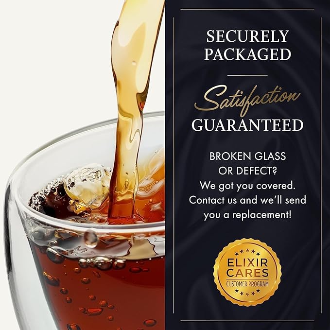 Elixir 16 oz Large Double Wall Coffee Mug Set of 2 - Double Wall Glass Coffee Cup - Large Coffee Mug - Insulated Glass Coffee Mugs with Handle for Hot Drinks Tea
