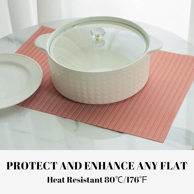 SUMYMERY Placemats Set of 12 Vinyl/Plastic Woven Place Mats for Kitchen Table Indoor/Outdoor Washable Placemat Wipeable Dining Table Mats (Red Stripes,12)