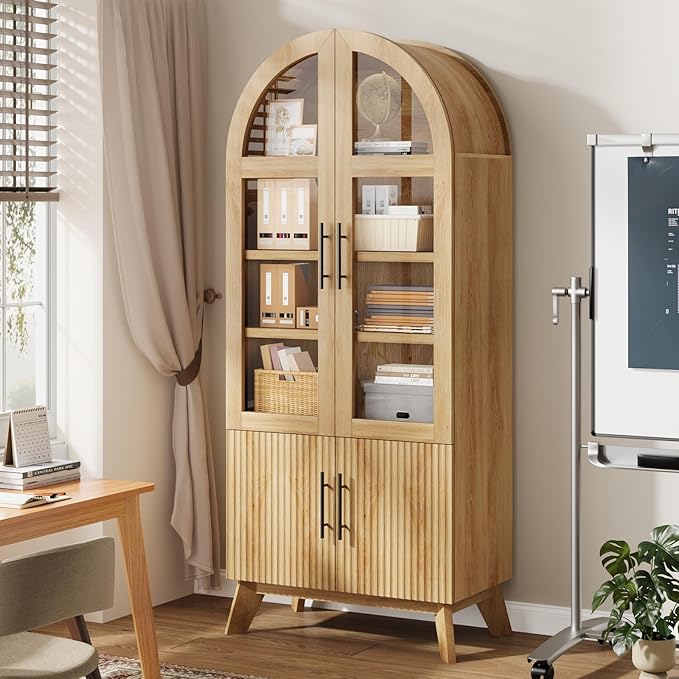 QUW 71" Modern Fluted Display Cabinet, Fluted Arched Pantry Cabinet, Tall Kitchen Storage Pantry with Adjustable Shelf, Storage Cabinet for Living Room, Dining Room, Natural Oak