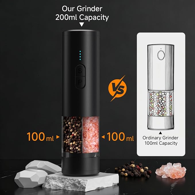 Electric Salt and Pepper Grinder Set Shakers 2 IN 1-Rechargeable Automatic Pepper Mill,with LED Lighting,Adjustable Grinder,Large Capacity-Ideal for Kitchen,BBQ,Ideal Kitchen Gifts (Black)