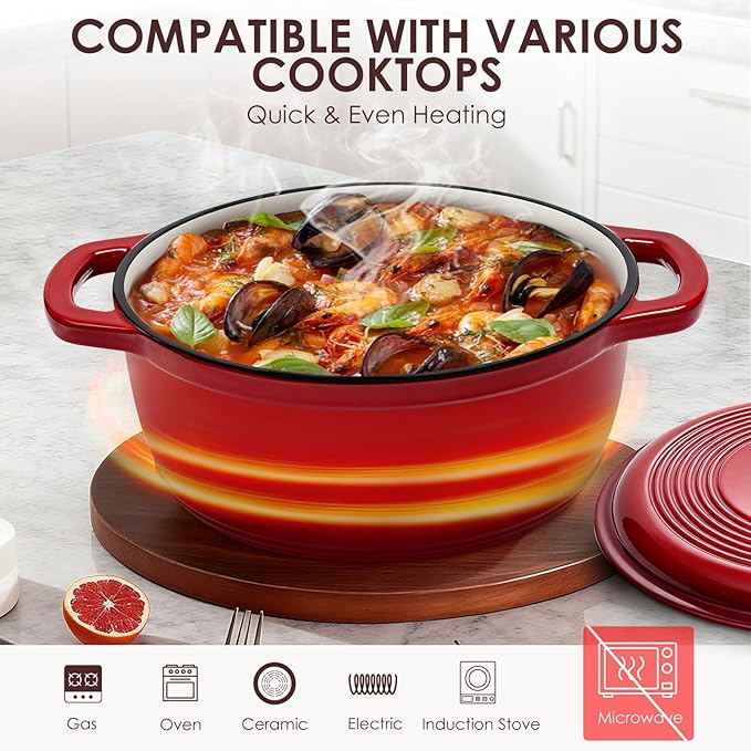 Enameled Cast Iron Dutch Oven Pot With Lid - AIVIKI 5QT Dutch Oven for Bread Baking With Cotton Potholders - Heavy-Duty Cookware for Braising, Stew, Roasting, Oven Safe up to 500째F, Red