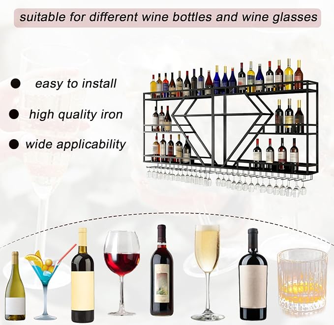 79in Large Wall Mounted Wine Rack, 4 Tier Modern Diamond Shaped Floating Bar Wine Storage Display Shelf, Metal Industrial Liquor Bottles Shelves Wine Glass Holder (Black, 3 Tier,79in)