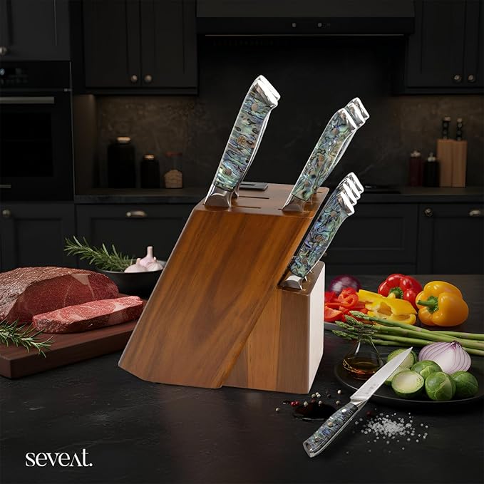 Damascus Kitchen Knife Set, 67-Layer Damascus Steel, Professional Chef Knives Set for Kitchen, Ergonomic Wood & Resin Handle (Blue, 9 pieces with Wooden Block)