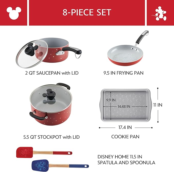 Farberware Disney Bon Voyage Ceramic Nonstick Pots and Pans Set with Baking Sheet/Cookie Pan and Disney Home Kitchen Tools, 8 Piece Non Stick Cookware Set - Red