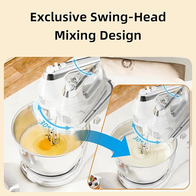 Stand Mixer Hand Mixer Electric Kitchen - 4.8 QT Smart Auto-Rotating Bowl & Beater Standing Mixer, 5-Speed Tilt-Head Household Mixer with Beaters & Dough Hooks for Baking,White