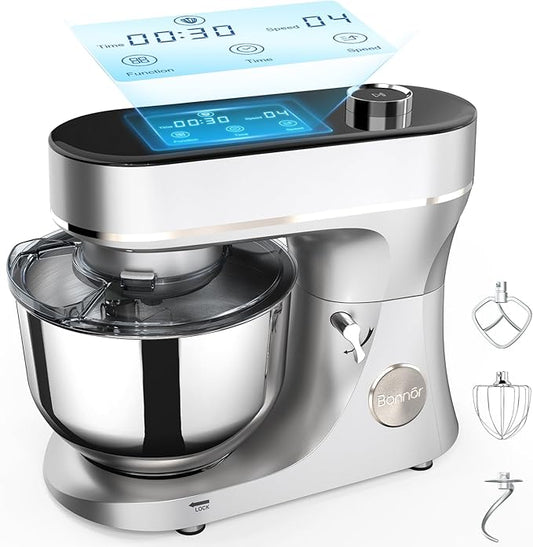 Stand Mixer 6QT Kitchen Mixer with LED Smart Touchscreen, 11-Speed Tilt-Head Mixer with Timer, 4 Preset Menus, Stainless Steel Bowl, Dough Hook, Whisk, Beater,Sliver