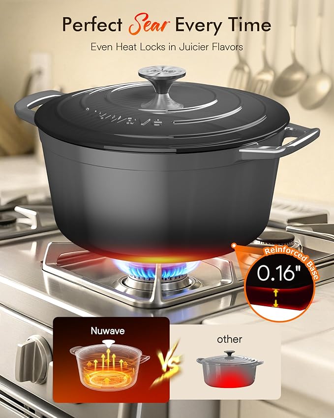 Nuwave 6QT Healthy Enameled Cast Iron Dutch Oven Pot with Lid, Heavy Duty 7-Layer Enamel, Enhanced Rust Protection, Dual Handles, Oven Safe to 500째F for Sourdough Bread Baking, Braise, Stew, Roast