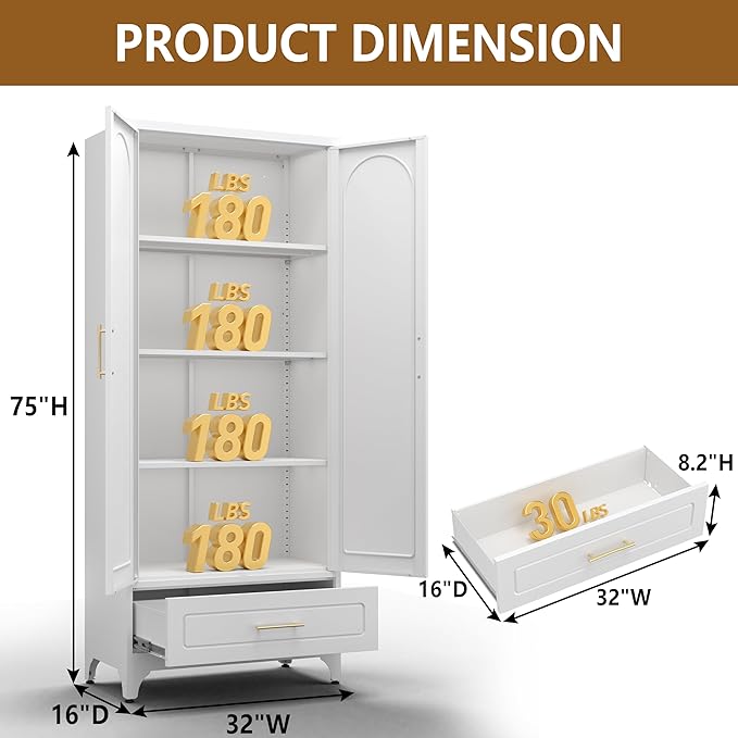 White Pantry Cabinet with Drawer, 75 Inch Tall Kitchen Cabinet, Metal Storage Cabinets with Doors and Shelves, Steel Food Pantries, Large Freestanding Cupboard for Dining Room-Assemble Required