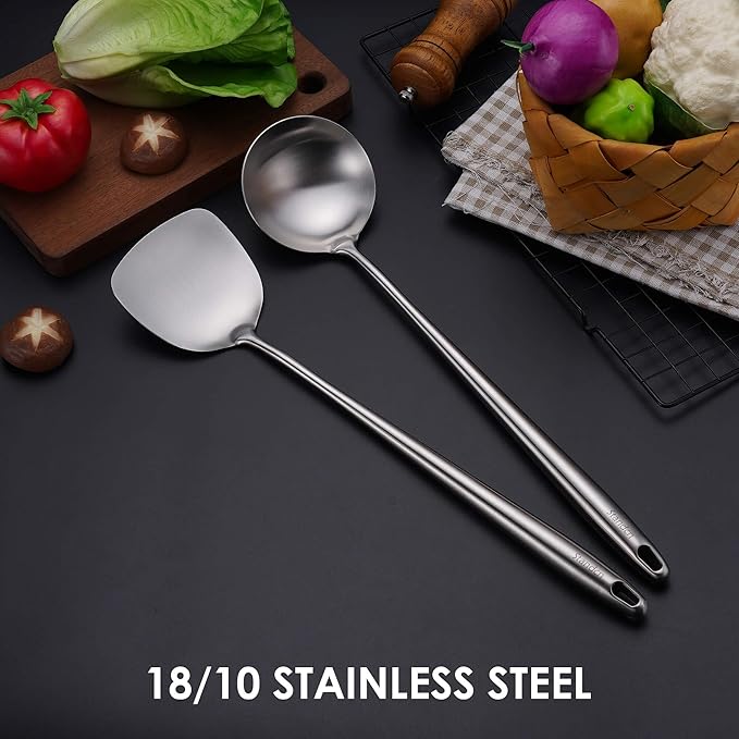 17??Wok Spatula and Ladle - 304 Stainless Steel Wok Tools Set, 2-Pieces Extra Long Handle Cooking Tools, All Metal Wok Utensils and Wok Accessories for Cast Iron/Carbon Steel Wok
