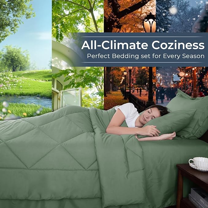 HEVUMYI Sage Green Twin Comforter Set - 5-Piece All Season Bed in a Bag Twin, Ultra Soft Bedding Set with Comforter, Flat Sheet, Fitted Sheet, Pillowcases, Pillow Shams, Sage Green