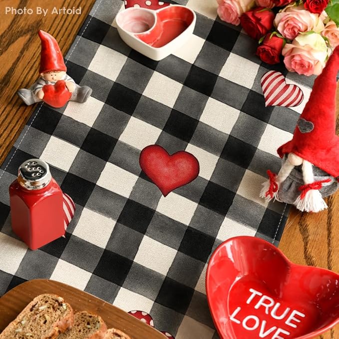 Artoid Mode Watercolor Buffalo Plaid Hearts Truck Love Valentine's Day Table Runner, Seasonal Anniversary Wedding Holiday Kitchen Dining Table Decoration for Indoor Outdoor Home Decor 13 x 36 Inch