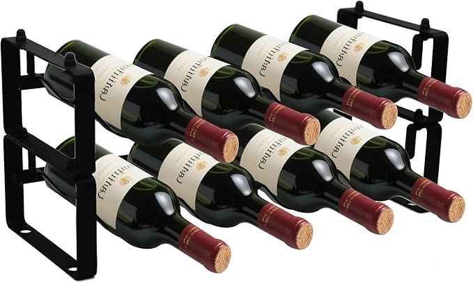 Small Wine Rack for 8 Bottles ??Expandable & Stackable Metal Wine Rack for Cabinet, Countertop, Floor, or Small Spaces ??Compact Wine Storage Shelf for Kitchen, Bar, or Pantry (2 Tier, Black)