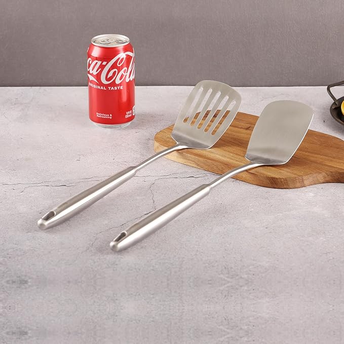 18/10 Stainless Steel Spatulas Set - All Metal Spatulas for Kitchen Use or Outdoor Grilling, 14.7??Long, Non Toxic, Heavy Duty, Commercial, Chef Grade - 1 Slotted Spatula + 1 Solid Turner for Cooking