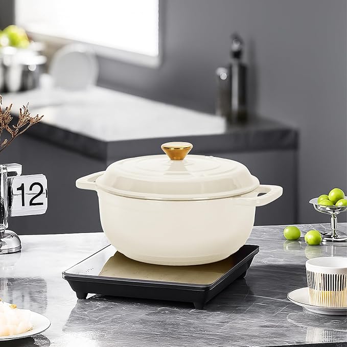 Enameled Cast Iron Dutch Oven, Ceramic White, 6 Quart, with Gold-Tone Lid Knob and Silicone Oven Mitts