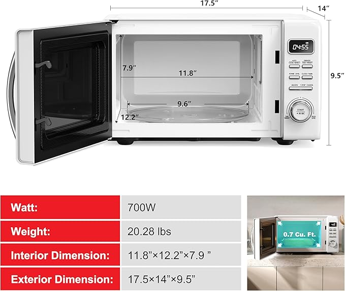 Galanz GLCMKZ07WER07 with Auto Cook & Reheat, Defrost, Quick Start Functions, Easy Clean with Glass Turntable, Pull Handle, White