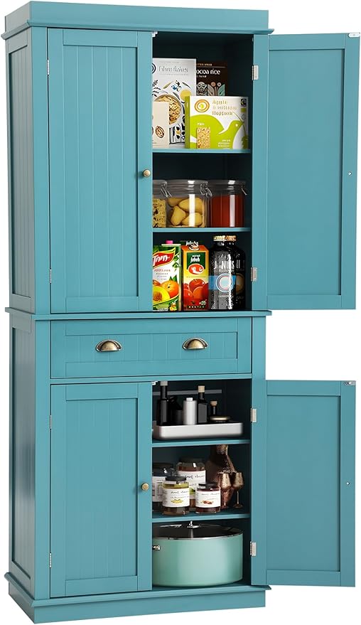 72" Kitchen Pantry Storage Cabinet, Freestanding Cupboard with 2 Cabinets, Drawer and Adjustable Shelves, Tall Storage Cabinet for Kitchen, Dinning Room, Living Room (Lake Blue)