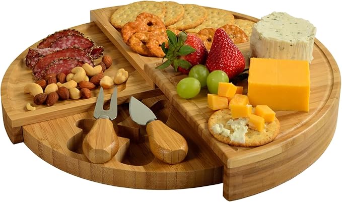Picnic at Ascot Bamboo Board for Appetizers with Cheese Tools - Stores as a Space Saving Wedge - Opens to 13" Diameter ??Designed by Picnic at Ascot - USA Patented & Quality Assured