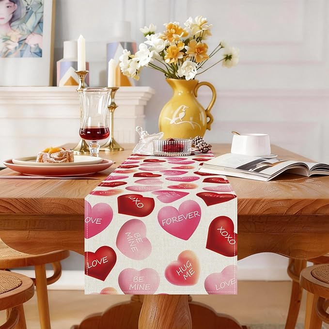 Valentines Day Table Runner 13x90 Inch, Be Mine Kiss XOXO Love Hearts Valentine Table Runner, Anniversary Home Kitchen Dining Table Holiday Party Decorations