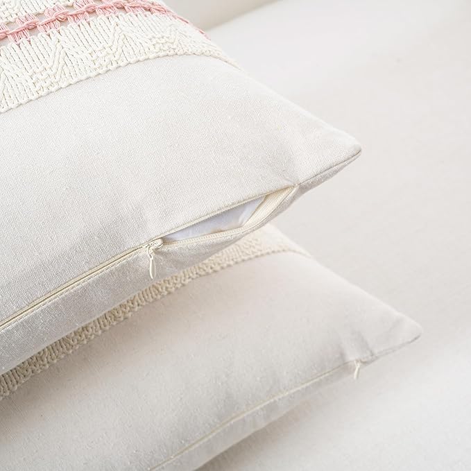 Fancy Homi Set of 2 Boho Pink Decorative Throw Pillow Cover 18x18 Inch for Couch Bed Sofa, Aesthetic Modern Organic Farmhouse Home Decor, Soft Cotton Cute Accent Macrame Woven Cushion Case